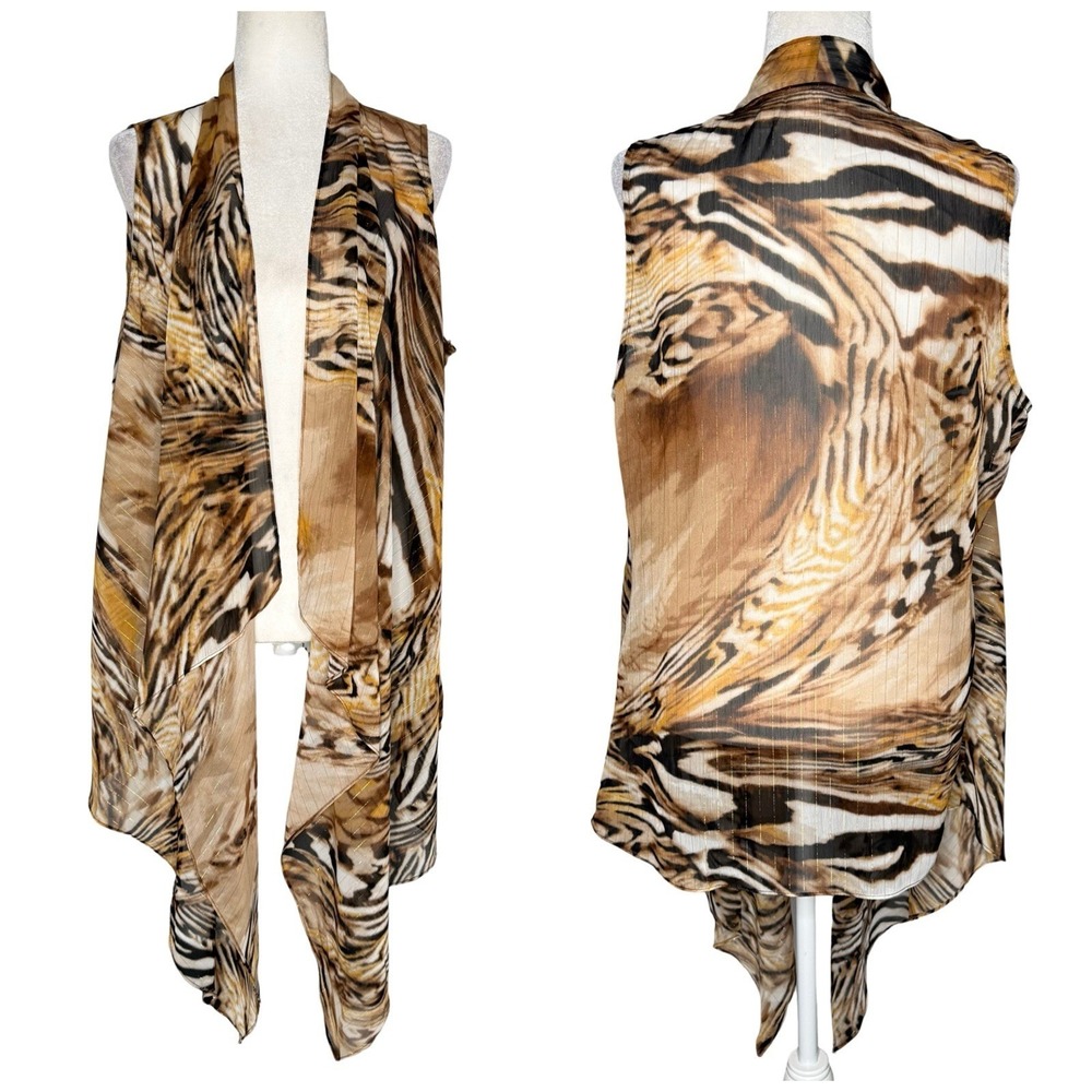 Chicos Semi Sheer Cardigan 2 Large Neutral Animal Print Cover Up Made In USA